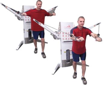 image of man performing a standing cable chest press.